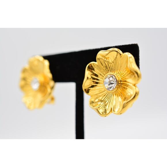Premier USA Vintage Clip On Earrings Rhinestone Crystal Flower Gold Signed BinAO - Picture 2 of 12
